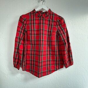 J.Crew Womens Long Sleeve Ruffle Neck Top XS Red Stewart Tartan Plaid AU286 New